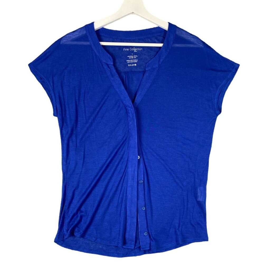 FINE COLLECTION Button‎ Up Womens SZ S Modal Silk Navy Sheer V-Neck Sleeveless